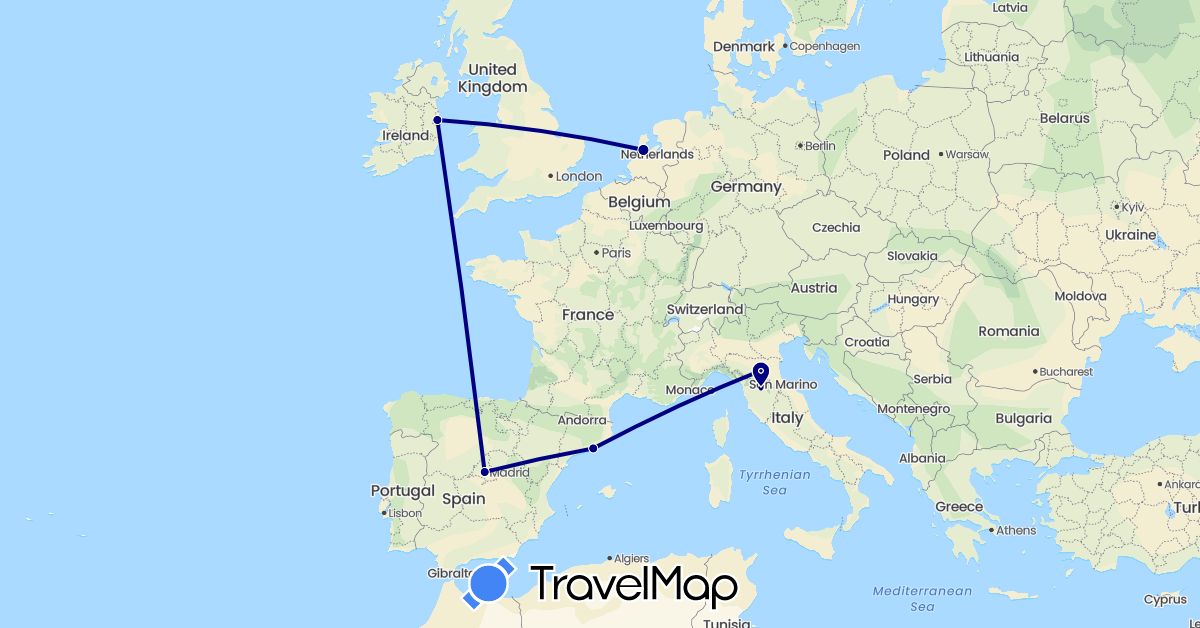 TravelMap itinerary: driving in Spain, Ireland, Italy, Netherlands (Europe)